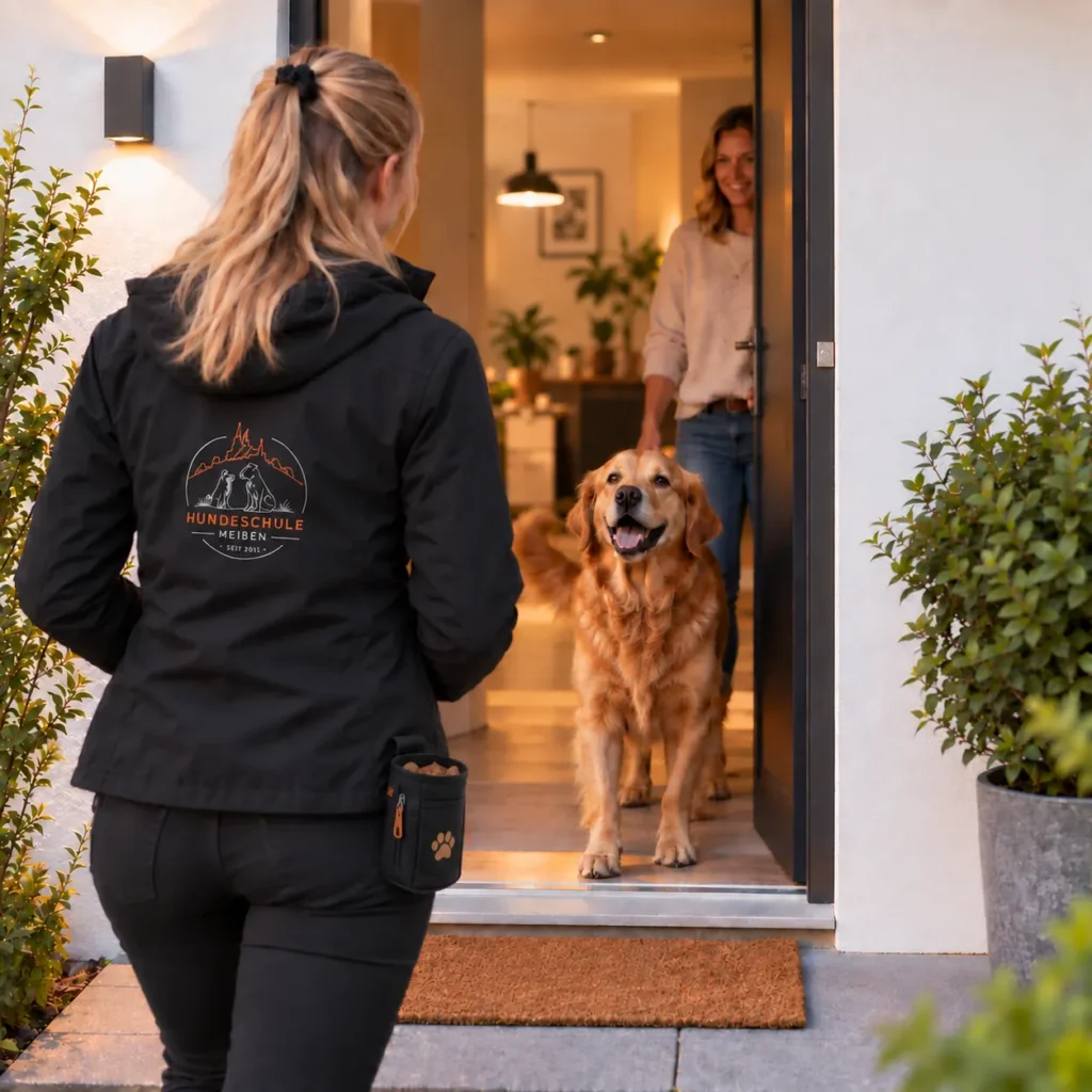 Hundetrainerin an der Haustür mit Golden Retriever